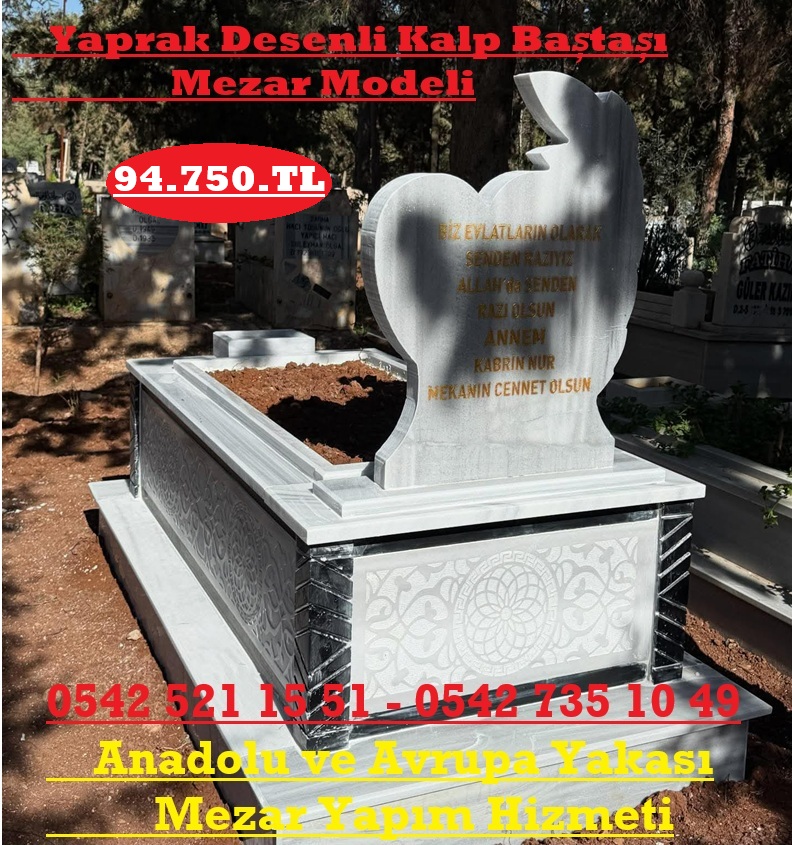 Tek Kişilik Baş Taşı Yaprak Desen Kalpli Cnc İşleme Mermer Mezar Modeli - Görsel 2