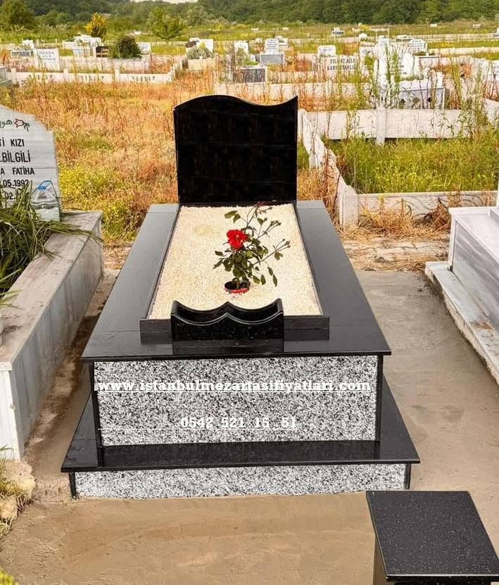 Tek Kişilik Temel Gövde Gri Küpeşte Baş Taşı Siyah Renkli - Granit Mezar - Mezar Taşı - Görsel 3