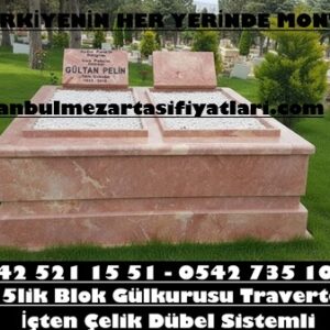 Çift Kişilik Tamamı 5lik Blok Pembe Traverten Mezar - İstanbul Aile Mezar Modeli