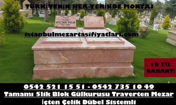 Çift Kişilik Tamamı 5lik Blok Pembe Traverten Mezar - İstanbul Aile Mezar Modeli