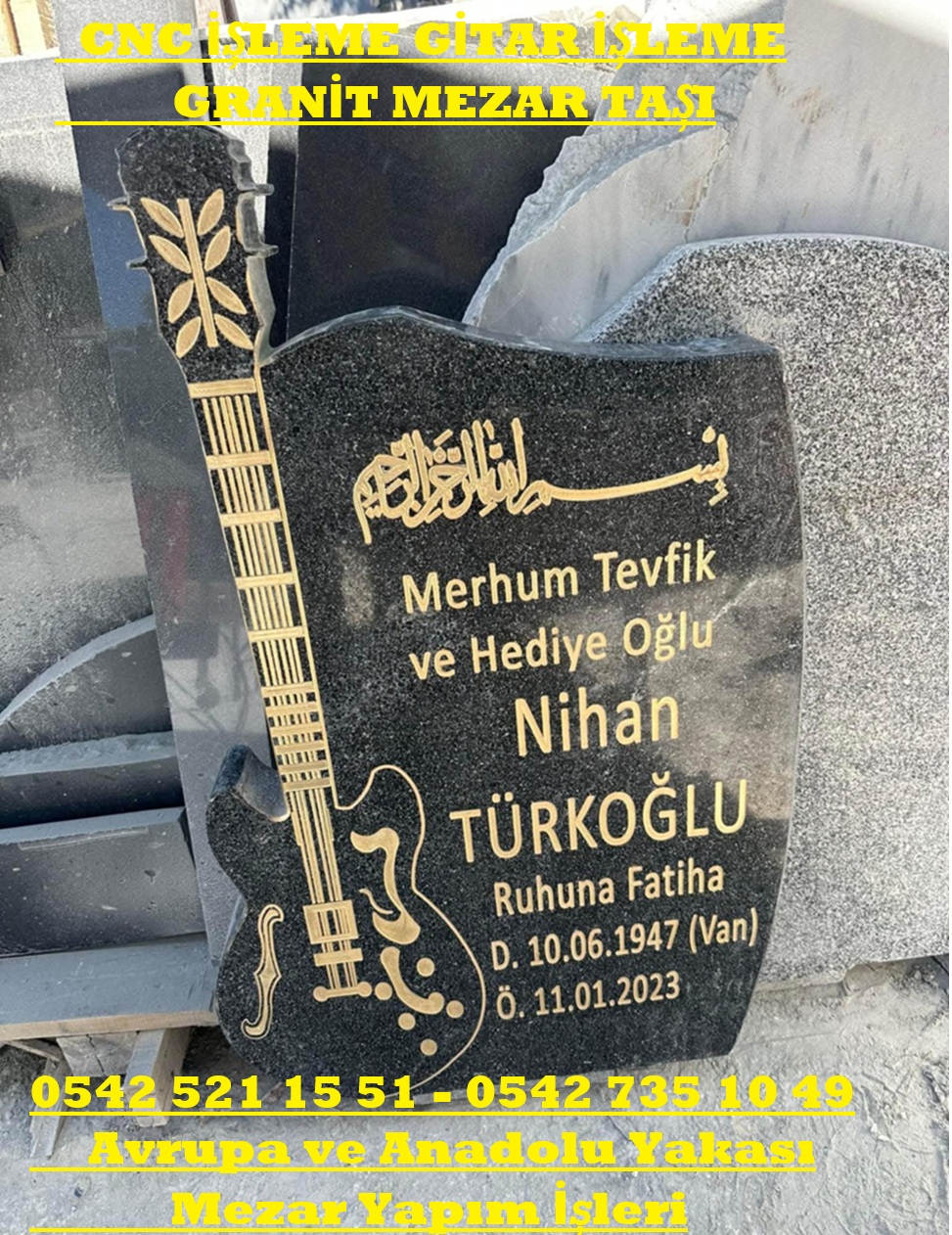 Gitar Şeklinde Granit Mezar Baş Taşı - Güzel Mezar Baş Taşı Fiyatları