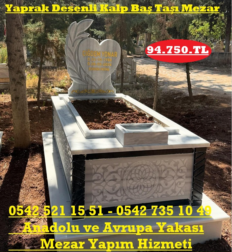 Tek Kişilik Baş Taşı Yaprak Desen Kalpli Cnc İşleme Mermer Mezar Modeli