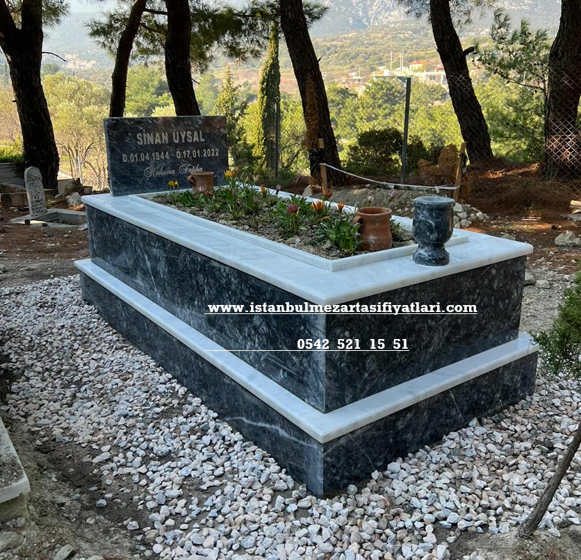Tek Kişilik Siyah Beyaz Mermer Mezar - Ucuz Mezar Yapımı İstanbul - Görsel 2