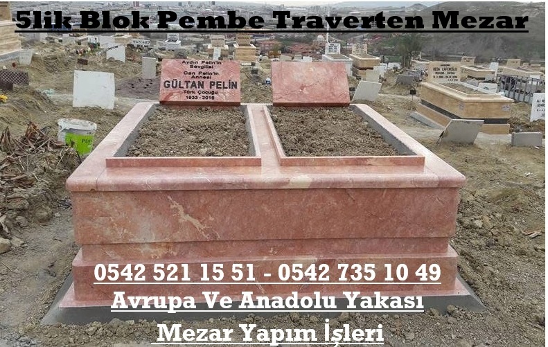 Çift Kişilik Tamamı 5lik Blok Pembe Traverten Mezar - İstanbul Aile Mezar Modeli - Görsel 2