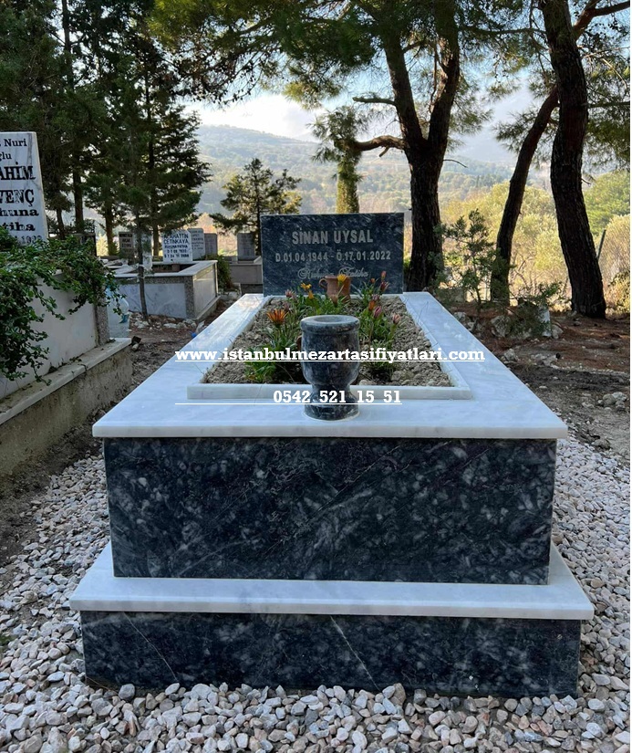 Tek Kişilik Siyah Beyaz Mermer Mezar - Ucuz Mezar Yapımı İstanbul - Görsel 3