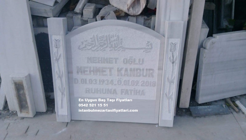 Lale İşleme Direkli, Kabartma Yazı Mermer Baş Taşı Modeli - İstanbul Baş Taşı Fiyatları